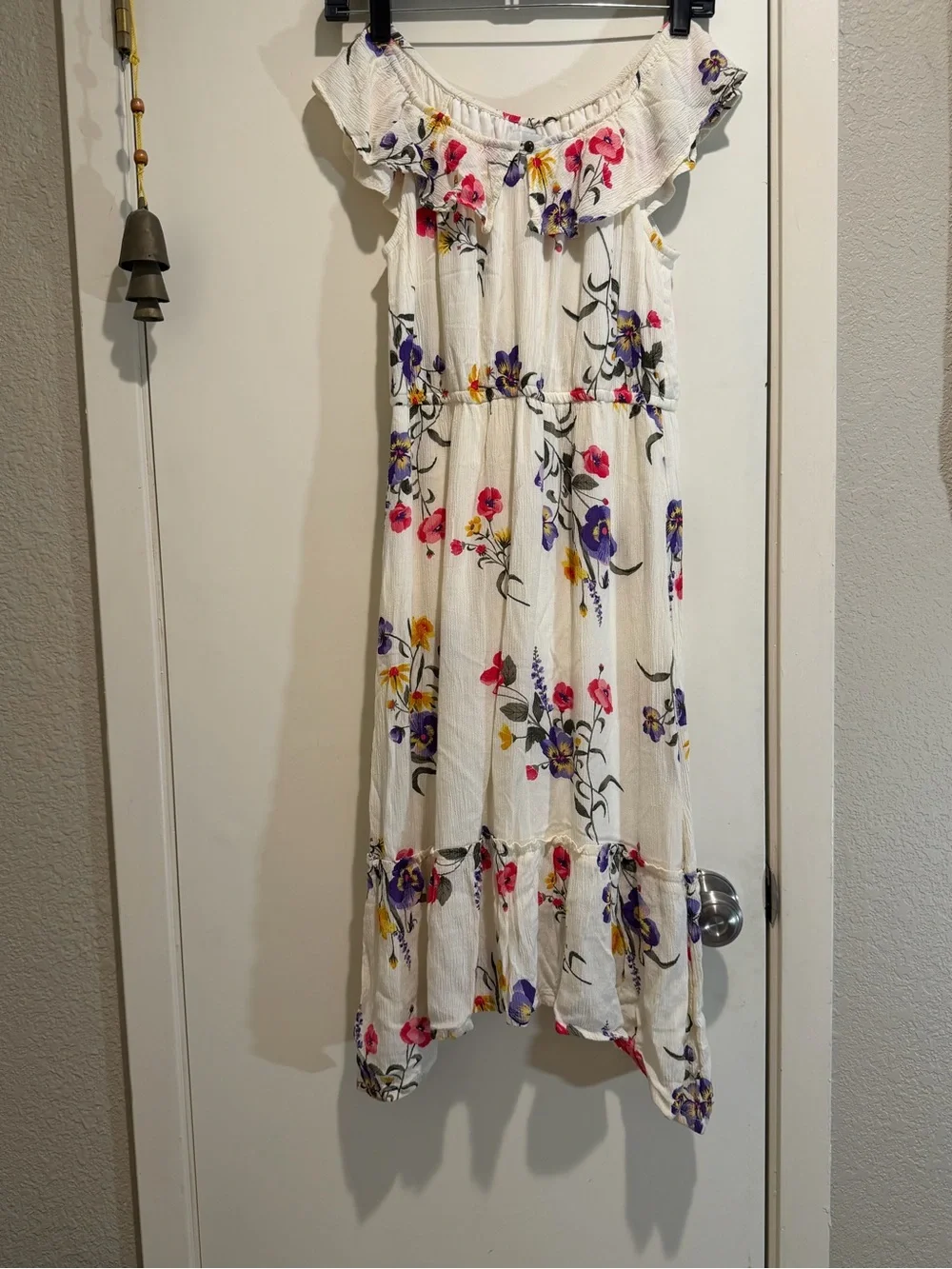 Girls' Cream Floral Ruffle Midi Dress